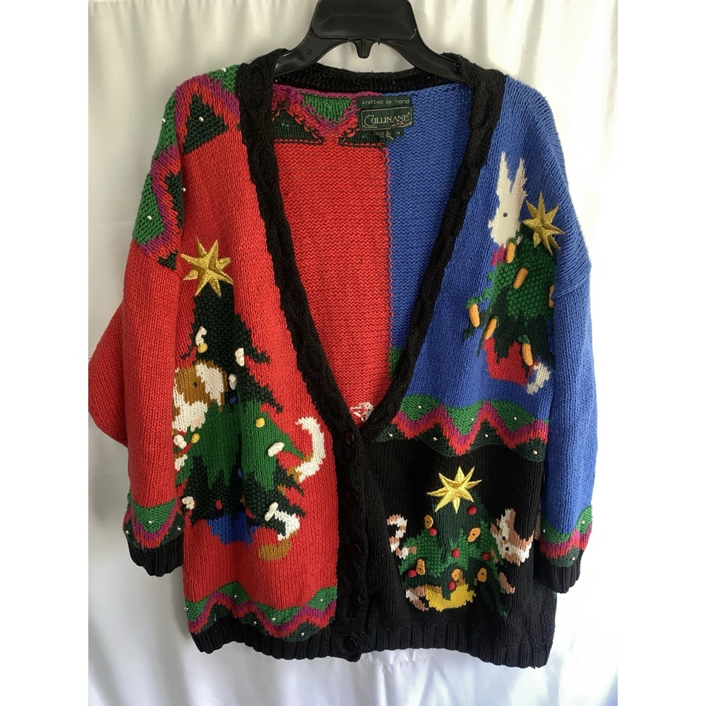 Vintage Christmas Cat‎ Dog Rabbit Holiday Knit Cardigan Sweater 1X Ramie